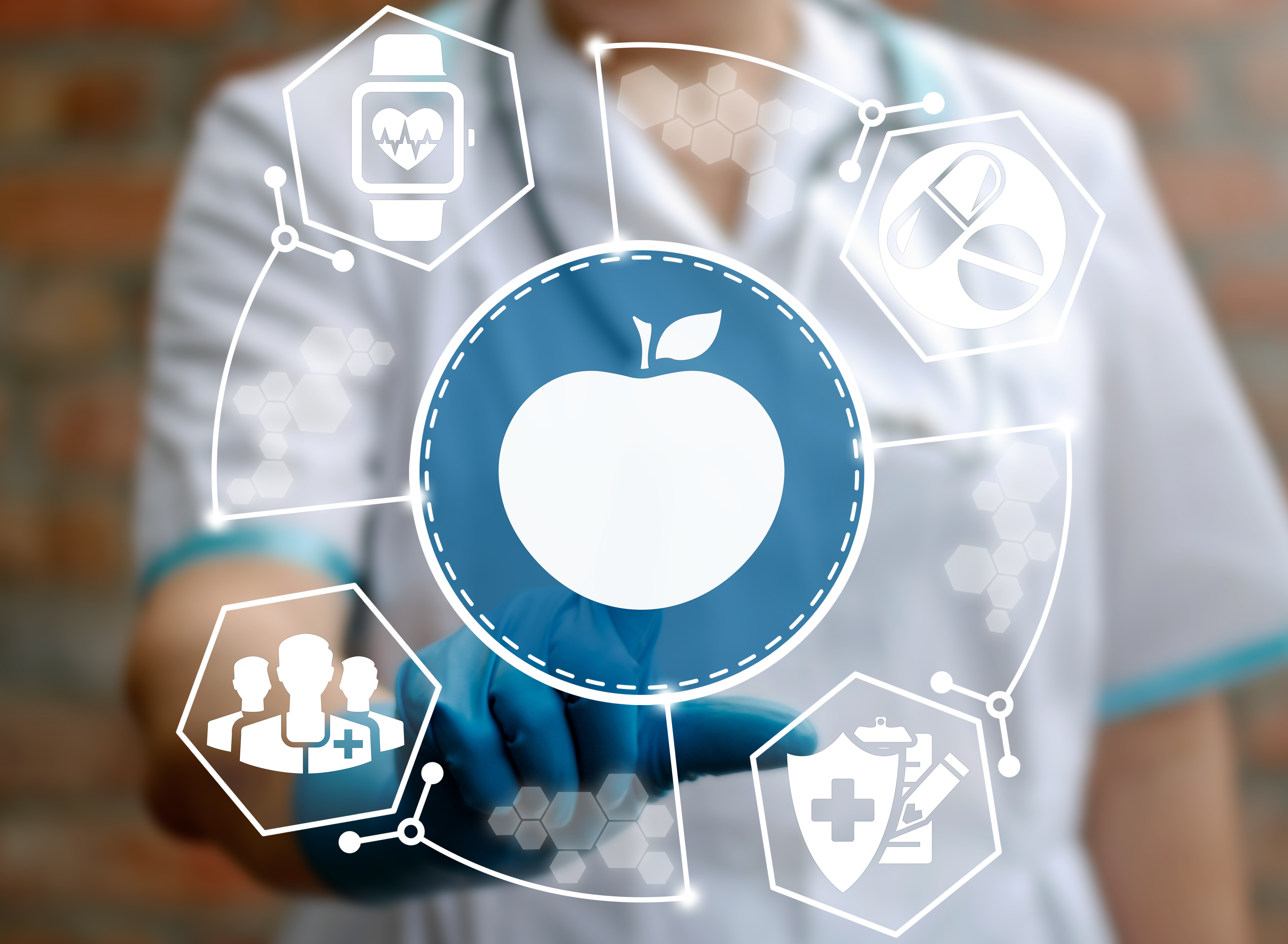 Doctor,Presses,Apple,Button,On,Virtual,Screen,On,Background,Of